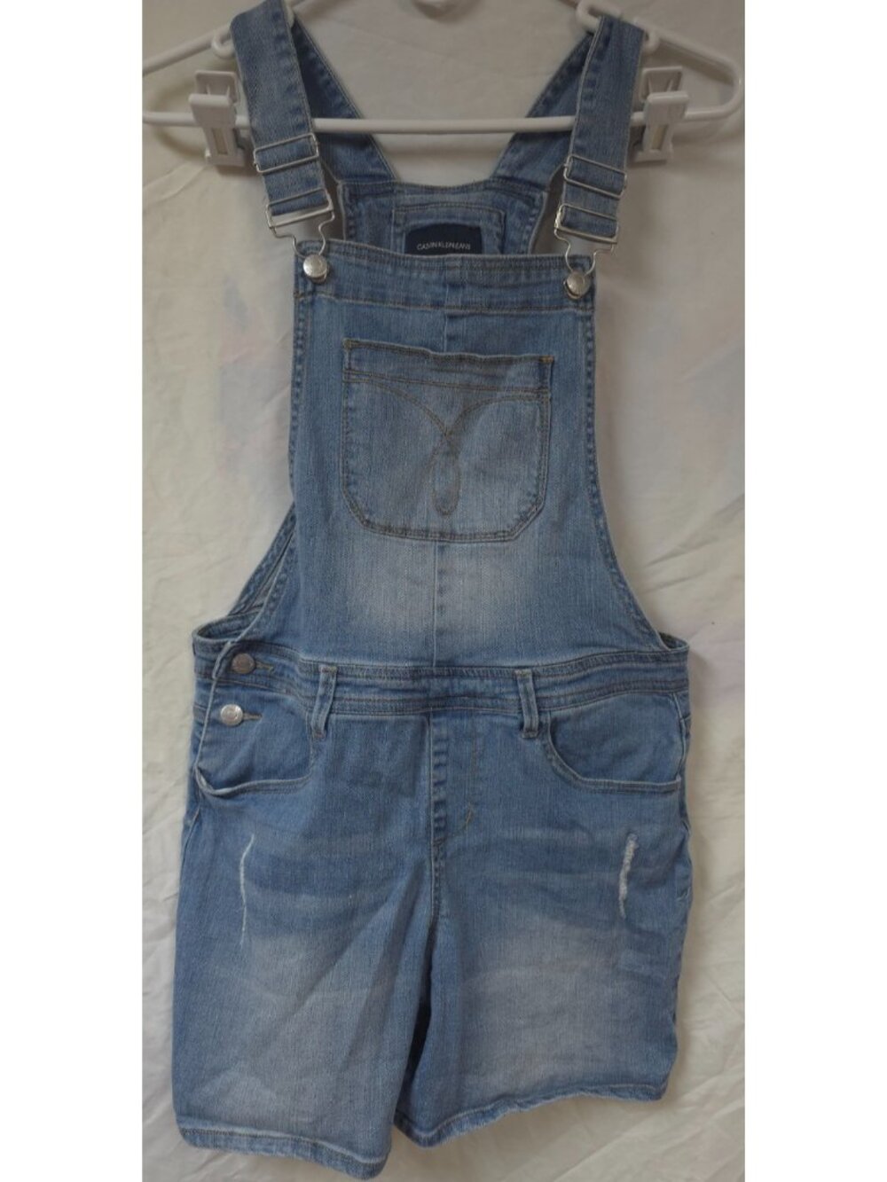Calvin Klein Womens L 12/14 Distressed Light Blue Denim Bib Overall Jorts Shorts